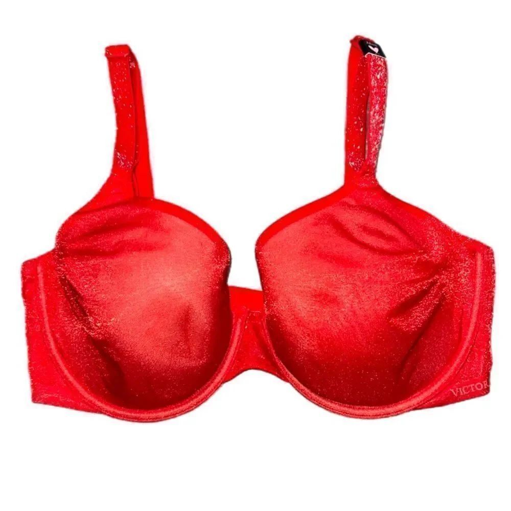 Victoria’s Secret Lined Perfect Coverage underwire Shine mesh bra Red 32DD